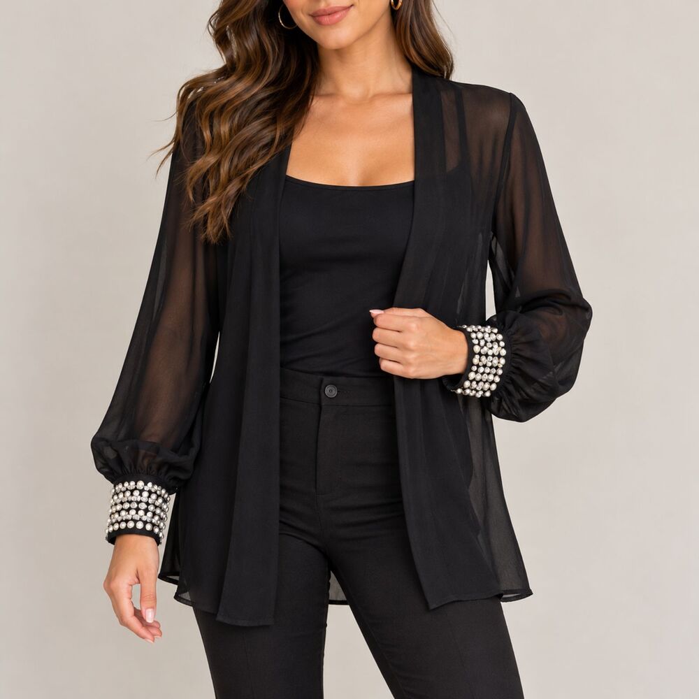 MSK Womens M Black Sheer Chiffon Cardigan Pearl Rhinestone Cuffs Evening Glam